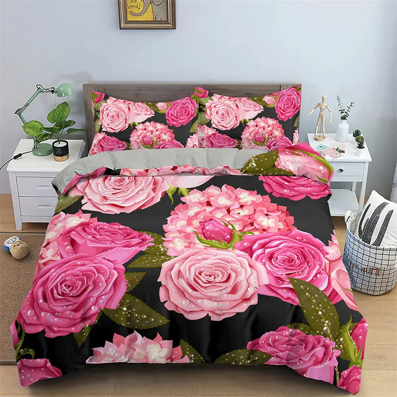 Romantic Flower Duvet Cover Rose Floral Bedding Set Microfiber Comforter Cover King For Girl Women Wedding Valentine's Day Decor