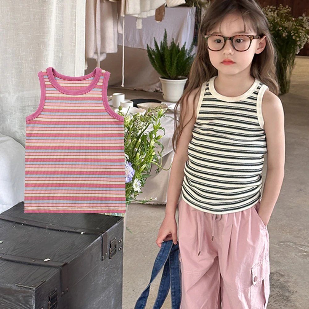 Summer Baby Girls Tank Top Kids Underwear Sleeveless Vest Children's Striped Printed Tops Korean Style Camisole Clothes