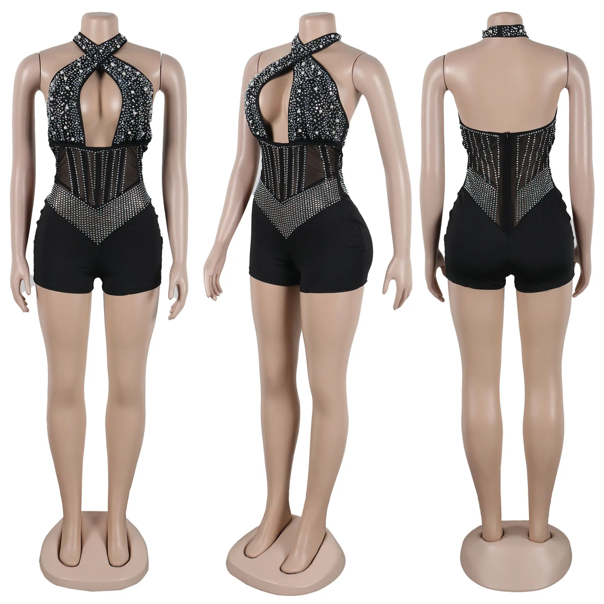 Sexy Nightclub Party Party Club Prom Sexy Hot Rhinestone Studded Hanging Neck Jumpsuit