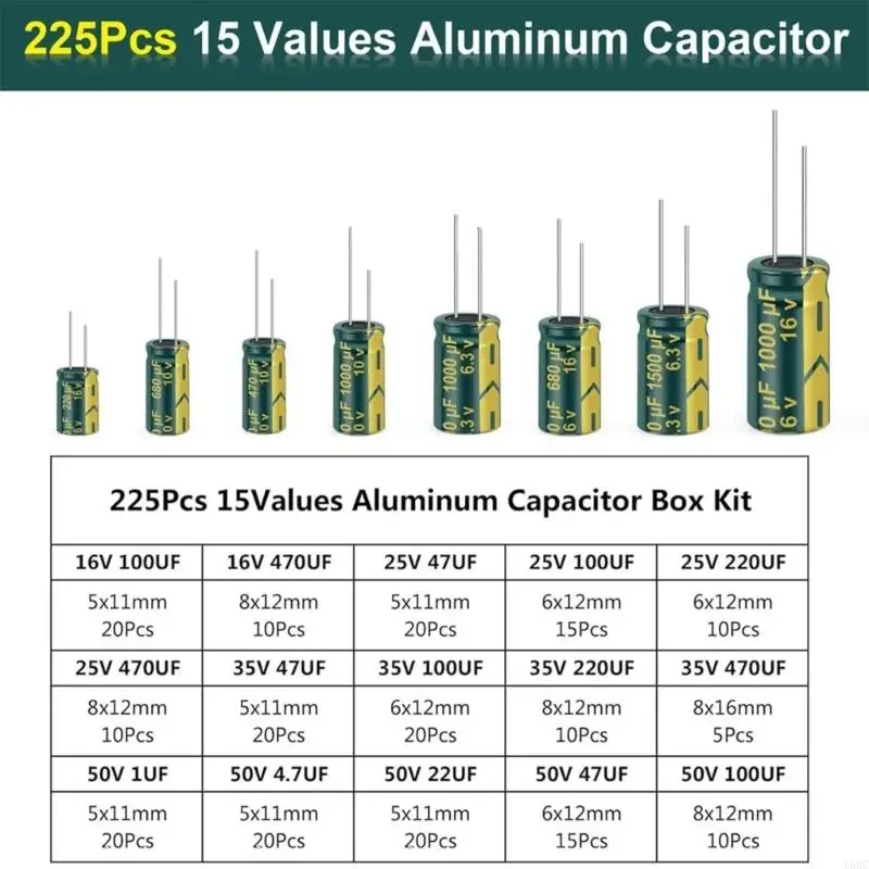 N5KC 225PCS Aluminum Electrolytic Capacitor set High Frequency Capacitor Simple to Use for DIY Projects & Electronics Repair