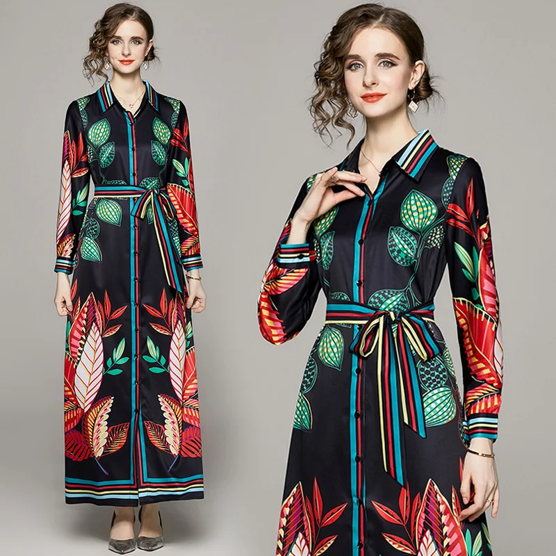 

2023 Fashion Flower Maxi Dress Women Lapel Collar Single Breasted Dress