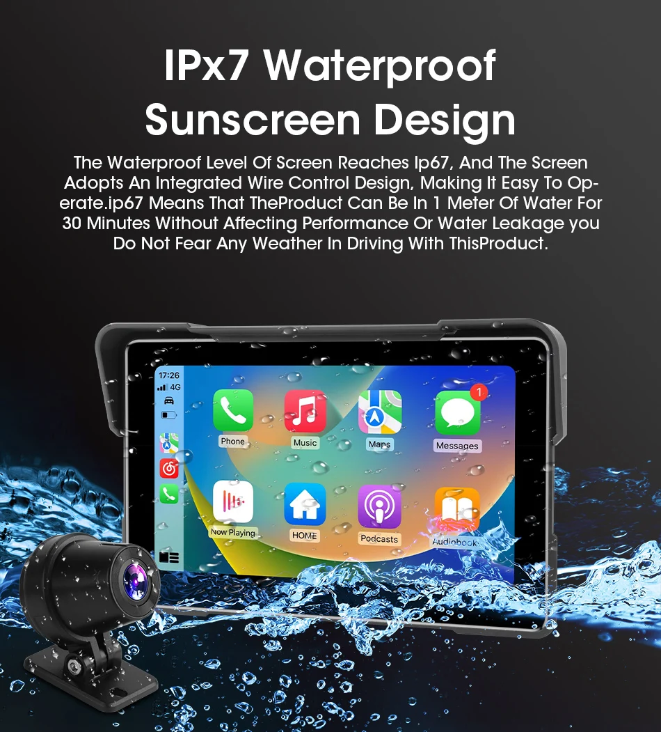 Srnubi 7-Zoll-Bildschirm Tragbarer Wasserdichter Motorrad-GPS-Navigationsmonitor mit Drahtlosem Carplay und Android Auto DVR – Detail 11