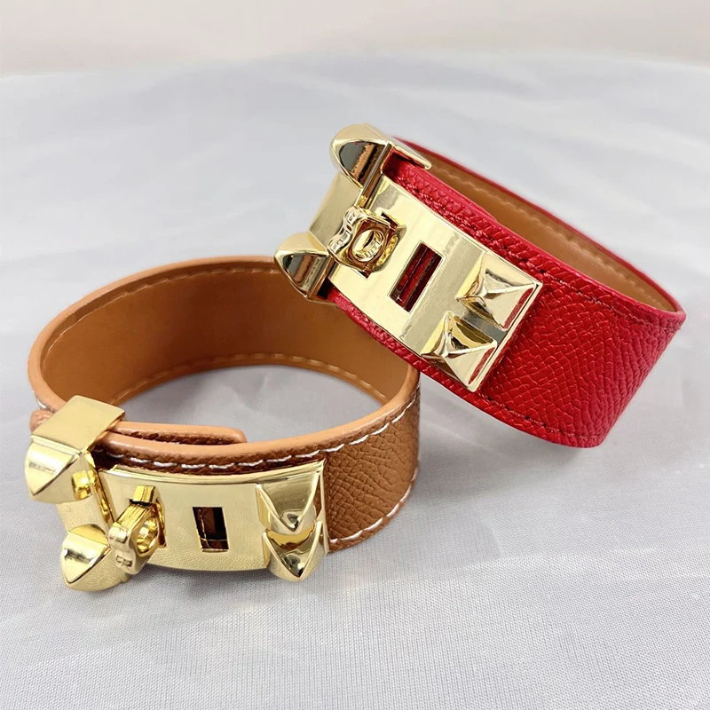 10 Colors Single Layer Leather Circle Gold Plated Rivet Stainless Steel Bracelet For Women Brand Element Jewelry