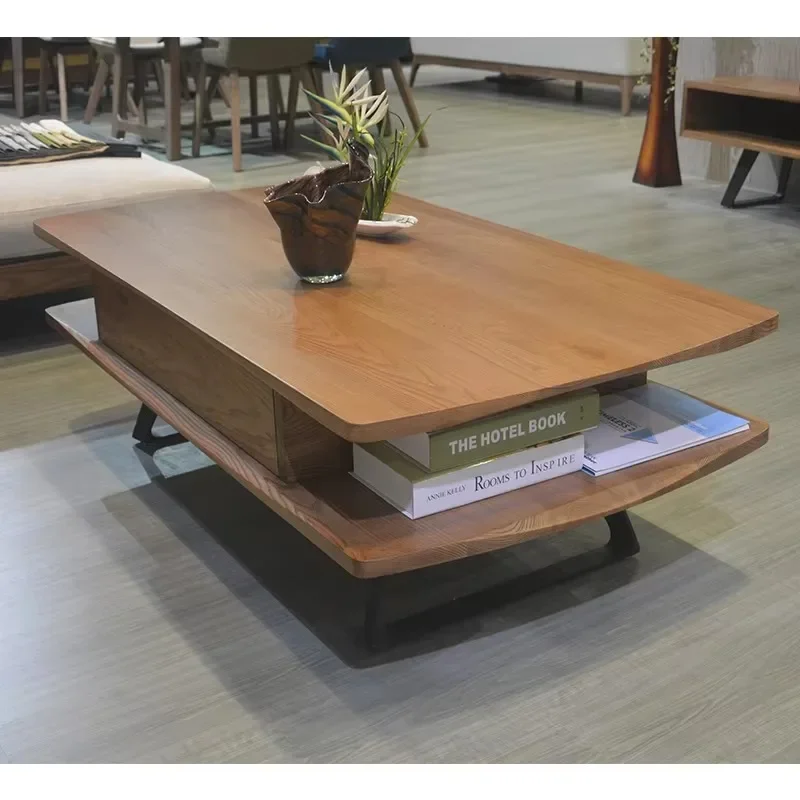 Modern design brown solid wood modular sofa wooden coffee table Nordic living room set