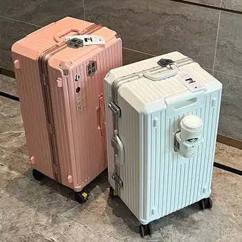 대용량 여행 수하물 알루미늄 프레임 여행 가방, 풀 로드 케이스, 컵 거치대 여행 케이스 콤비네이션 박스 포함, 24 인치, 26 인치, 28 인치, 30/32 인치