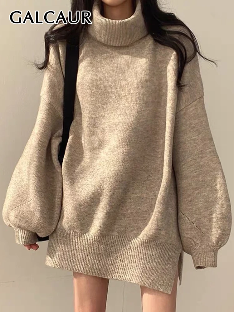 

GALCAUR Korean Solid Knitting Sweaters For Women Turtleneck Puff Sleeve Side Split Minimalist Autumn Pullover Sweater Female New