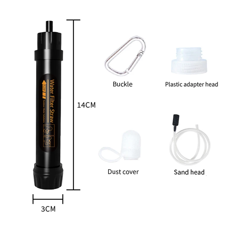 Filterwell Black Personal Mini Water Purifier Filter Straw Survival Gear For Outdoor Hiking Camping Travel Drinking