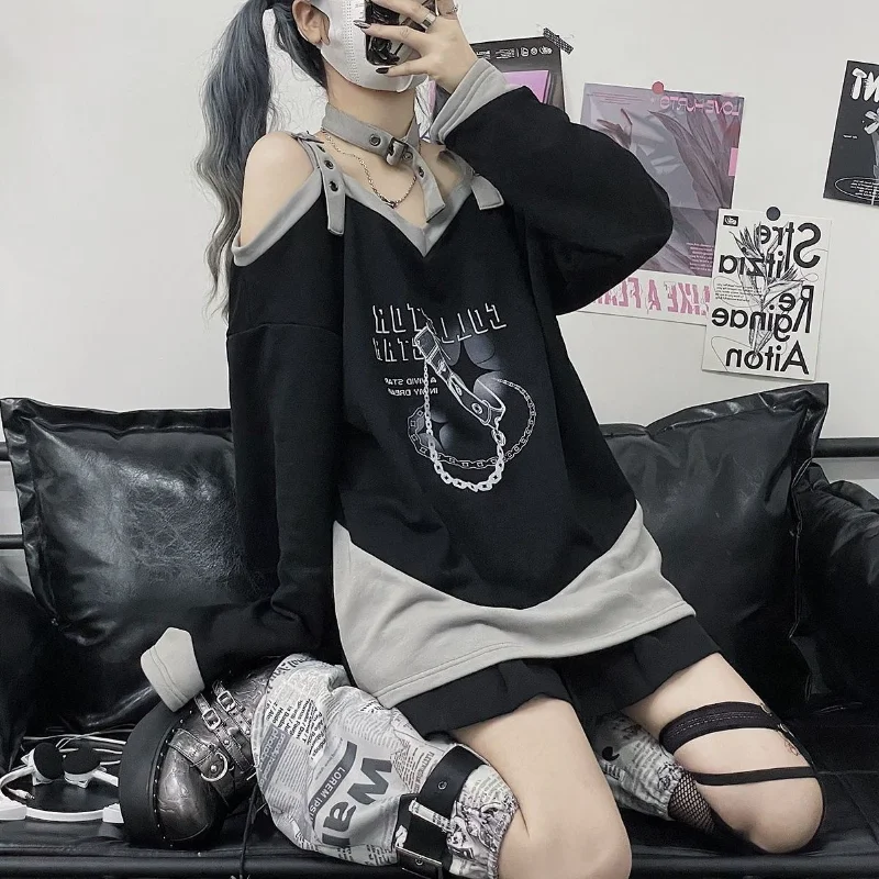 Off Shoulder Print Sweatshirts Women Harajuku Strap Loose Japanese Style with Choker Sweet Sexy Kawaii Y2k Clothes Chic Baggy