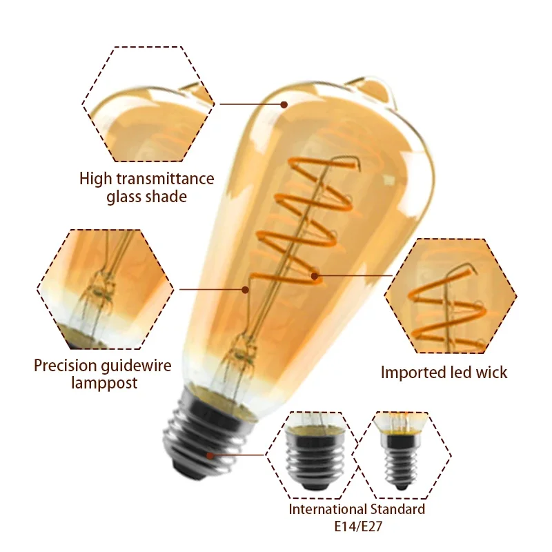 Retro Spiral Filament LED Bulb A60 C35 ST64 T45 G80 G95 G125 T1225 4W E27 220V Dimmable Edison Lamp 2200K Warm Yellow Led Light