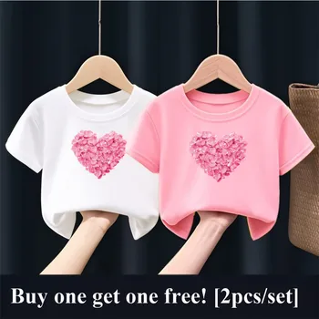 2pcs/Set Girls Fashion Summer Best Friends T Shirt Heart Flower Tees Shirt Short Sleeve Sister Matching Outfit Kids Tops 1