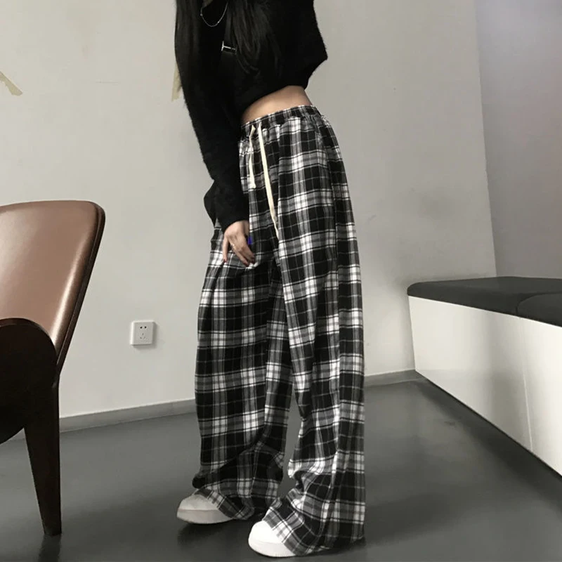 Streetwear Plaid Baggy Pants Women Harajuke Loose High Waist Elastic ...