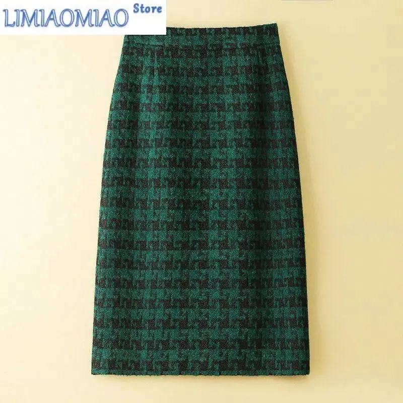 New Dark Green Houndstooth Woolen High Waist Straight Women Skirt Fashion Vintage Knee-Length Skirts For Women Spring elmsk men s new slim fit elastic high waist casual pants korean edition urban simple cotton soft and breathable straight leg pan