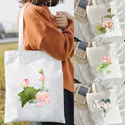 Shopping Bags Lotus Canvas Bag Shopper Women's Handbag for Girls Designer Handbags Tote Beach Cloth Free Shipping Large Printed