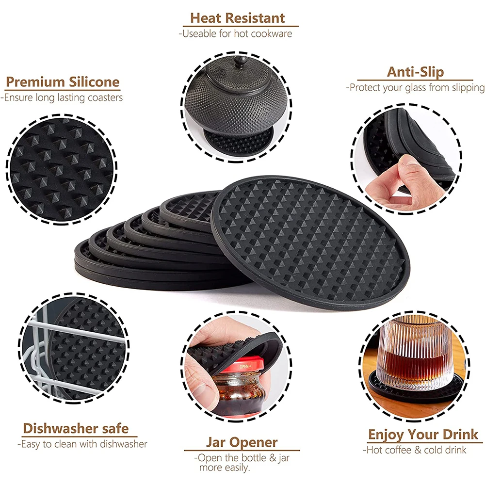 Silicone Drink Coasters with Holder Heat Resistant Cup Dish Drying Mat Tabletop Protection Non-Slip Coasters for Drinks 1Set table mat
