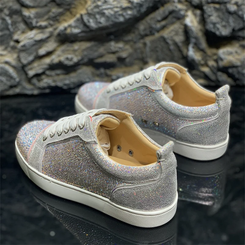 Luxury Brand Diamond Crystal Leather Red Bottoms Low Top Shoes For Men's  Casual Flats Loafers Women's Rhinestone Tennis Sneakers - AliExpress