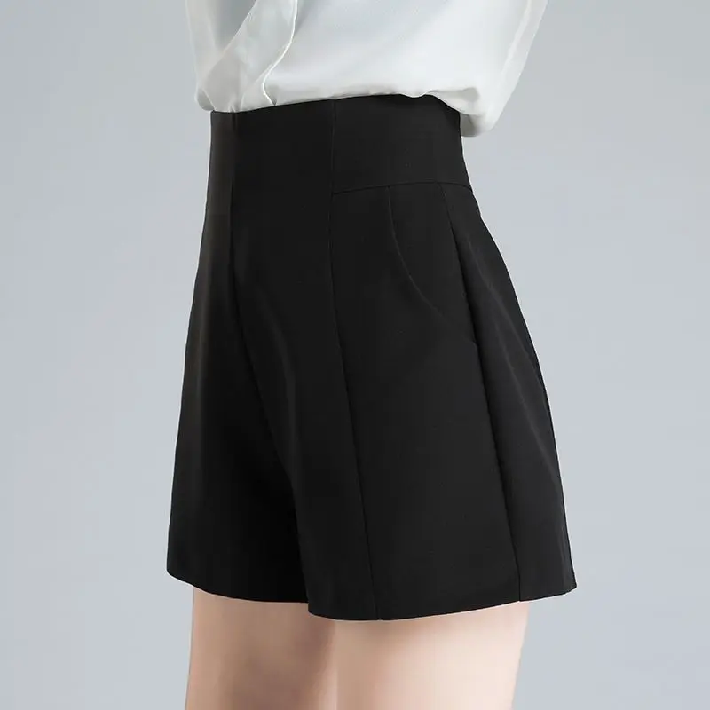 Summer Women's Clothing Zipper High Waisted Solid Color Pockets Wide Leg Knee Pants Korean Fashion Sweet Trouser Suits Shorts