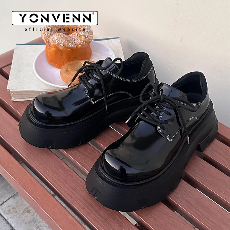 YONWENN original thick soled height 7CM big toe leather shoes for men glossy patent leather high-end black versatile dress shoes