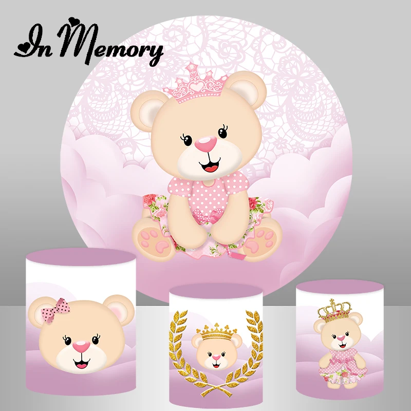 

Pink Cute Bear Round Backdrop Cover Girls Newborn Baby Shower 1st Birthday Party Circle Background Plinth Covers Elastic