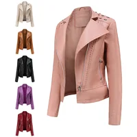 Stylish Beaded Autumn Women's Leather Jacket Turn Down Collar Zipper Straight Outwear For Lady Comfortable Casual Female's Coat