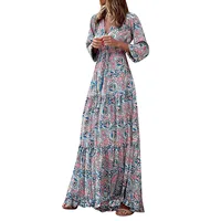 2023 New Women Fashion Print V Neck Maxi Dress Tunic Tie Long Sleeve Casual Long Vestidos Beach Holiday Sundresses Robes - Image 5