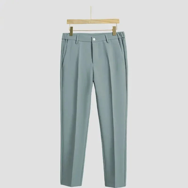 thumbnail image 1 of Pantalones de traje para hombre de seda de hielo con diseño de sastrería social, pantalones de negocios recortados de 9 pulgadas para hombre, tela china para hombre, antiarrugas, estilo vintage, 1 of 5
