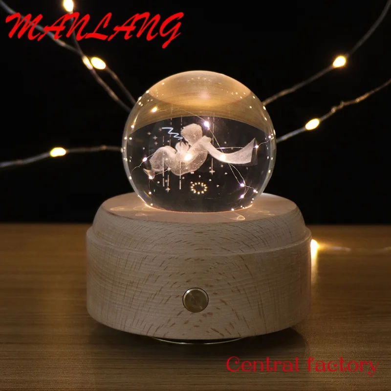 

Custom Gift Lamp Crystal Night Light Music Box Glass Ball Table Lamp Wooden Led 3D Desk Light With KC Battery