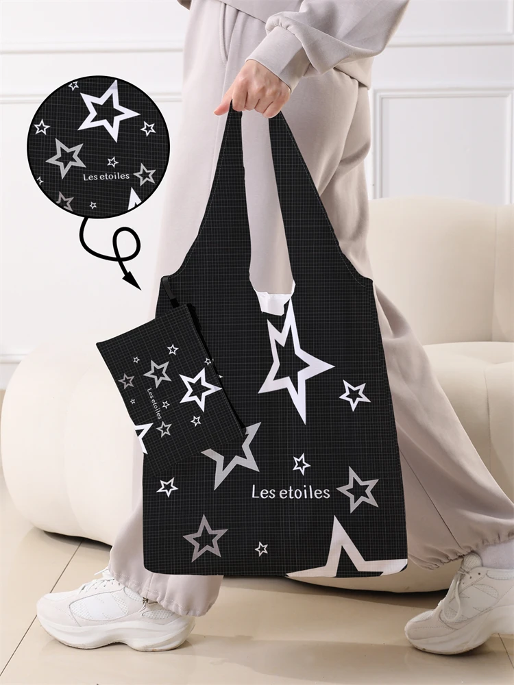 Women's Foldable Cartoon Pentagram Pattern Large Shopping Bag Foldable Storage Reusable Easy to Carry Capacity Handbag