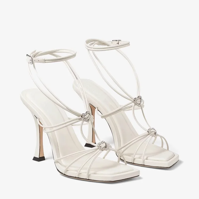 

Summer New One Button Cross Strap Rhinestone Sandals Thin High Heels Square Head Banquet Dress Versatile Women's Sandals