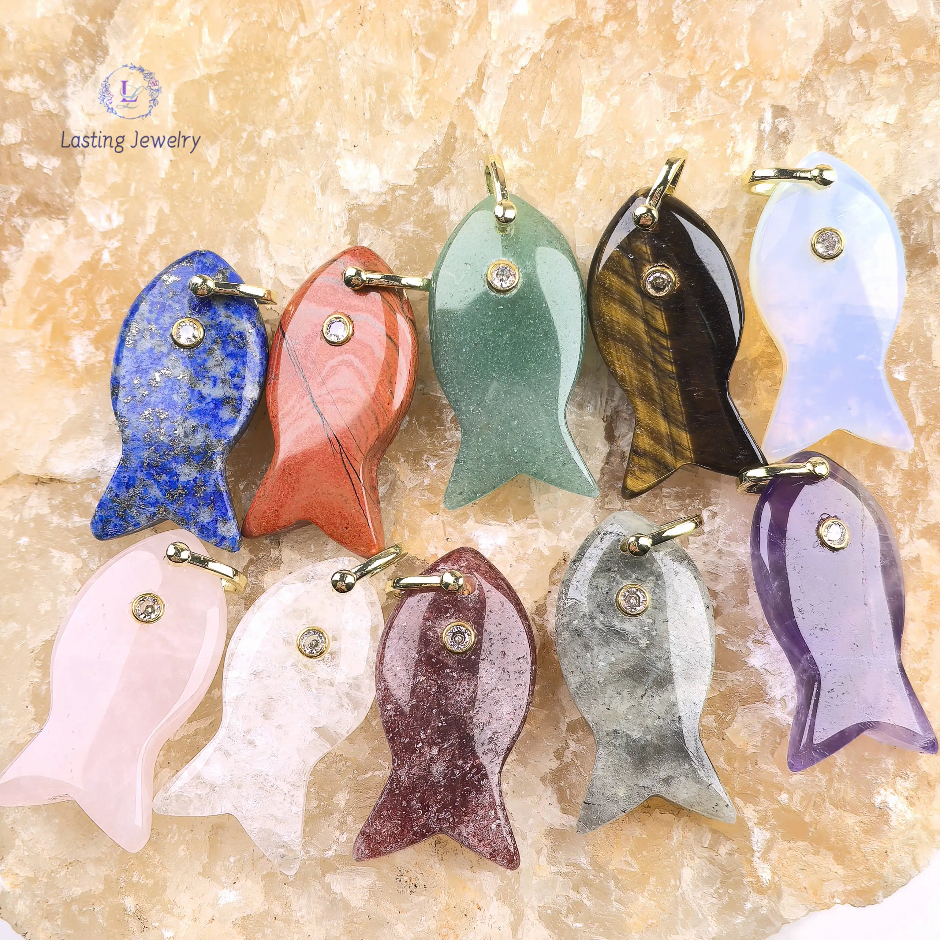 Gemstone With Inlaid Zircon Carved Fish Pendants Reiki Crystal Rose Quartz Lapis Labradorite Charms For Necklace Jewelry Making - 5