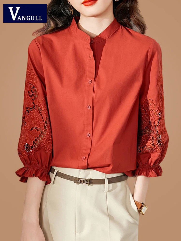 

Vangull Summer New Brick Red Embroidery Shirt Women Cutout Lantern Sleeves Blouse Female Fashion Loose Office Lady Tops Shirts