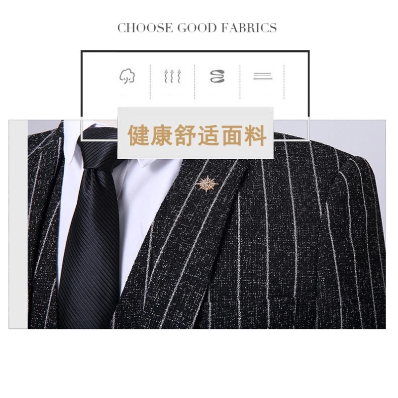 (suit jacket+vest+pants) Korean version of men's suit, striped suit set, business Blazer set, wedding Blazer set