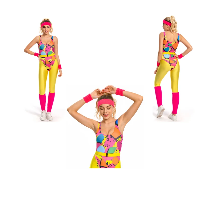 

Female 80s 90s Jumpsuit Sportwear 6Pcs/Set Women Retro Outfits Girl Legg Headband Cosplay Costume Halloween Carnival Party Suit