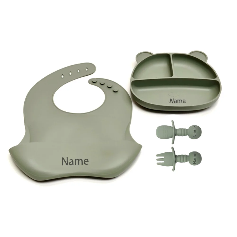 4PCS Children's Tableware Set with Free Name Printing Personalized Silicone Tableware Unique Gift for Boys And Girls