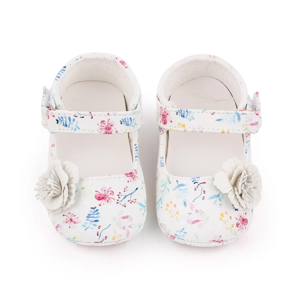 Baby Girl Shoes Mary Jane Flower Print Cute Bowknot Spring and Summer Sandal Soft PU and TPR Sole Anti-slip for 0-12M Baby