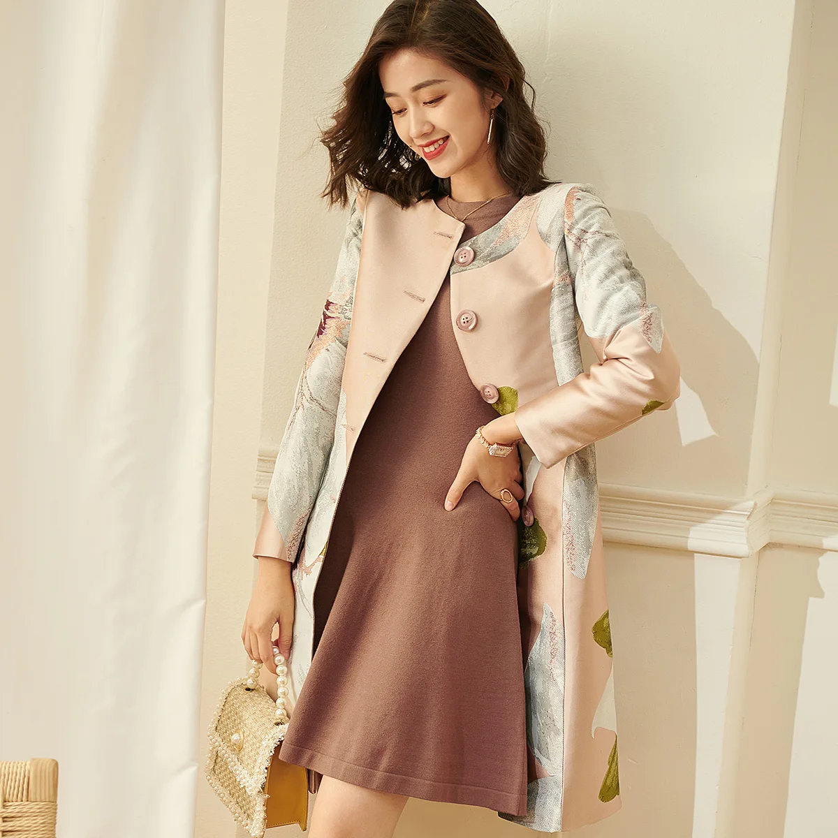 Fashion Spring Autumn Jacquard Coat for Women Long Sleeve