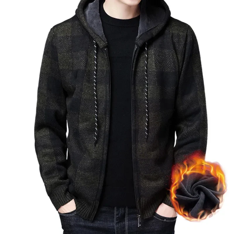 

Winter 2023 New Men's Fleece Thickened Cardigan Knit Sweater / Male Loose Warm Hooded Add Wool Jacket Coat