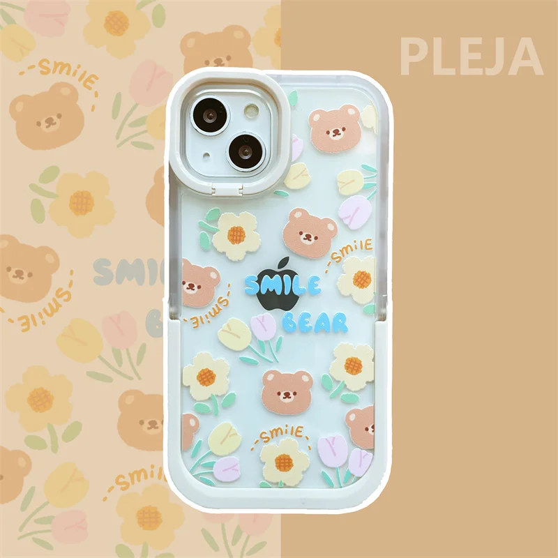 11 cases Cute Camera Lens Flip Holder Phone Case For iphone 13 12 11 Pro Max X XR XS Max Cover Cartoon Bear Flower Soft Protective Cases iphone 11 case with card holder