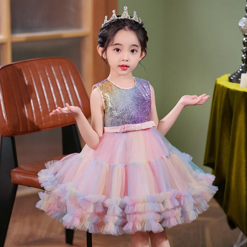 

Vestidos 2023 New Sleeveless Evening Dress Host Costume Christmas Princess Dresses Girls Mesh Bow Party Layered Dress 3-12 Years