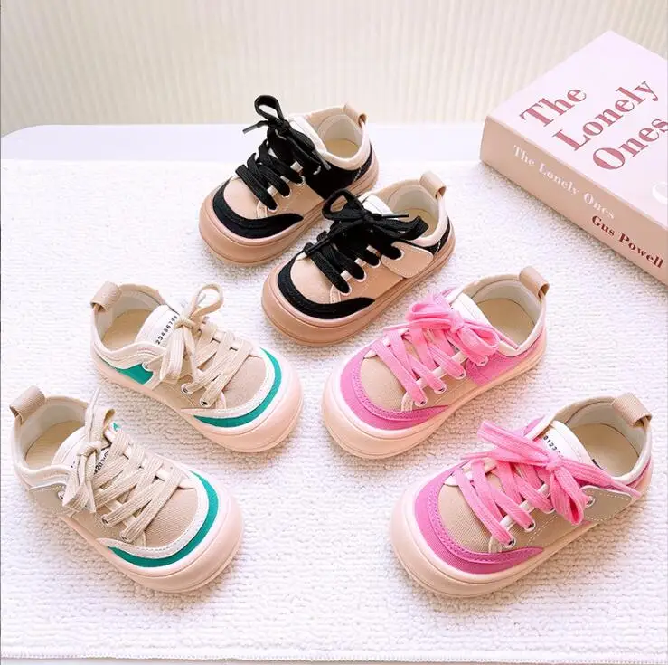 Children's Canvas Shoes 2024 Spring New Boys' Casual Cloth Shoes Girls' Fashion Color-blocking Fake Lace-up Baby Soft Soles Shoe