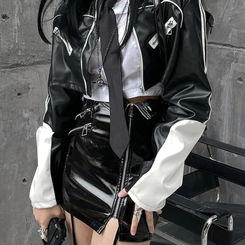 Nerazzurri Spring Summer Short White and Black Patchwork Shiny Patent Leather Jacket Women Adult’s Womens Pu Leather Cropped Top