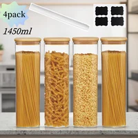 2/4Pack-1450Ml Square Glass Jar, Glass Storage Container with Lid, Wide-Mouth Pasta Jar, Kitchen Storage Jar, Kitchen Pasta, Cereals, Oats, Sugar, Biscuits, Bean Storage, Air-Closed Glass Jar Set, Kitchen Organization and Storage 1