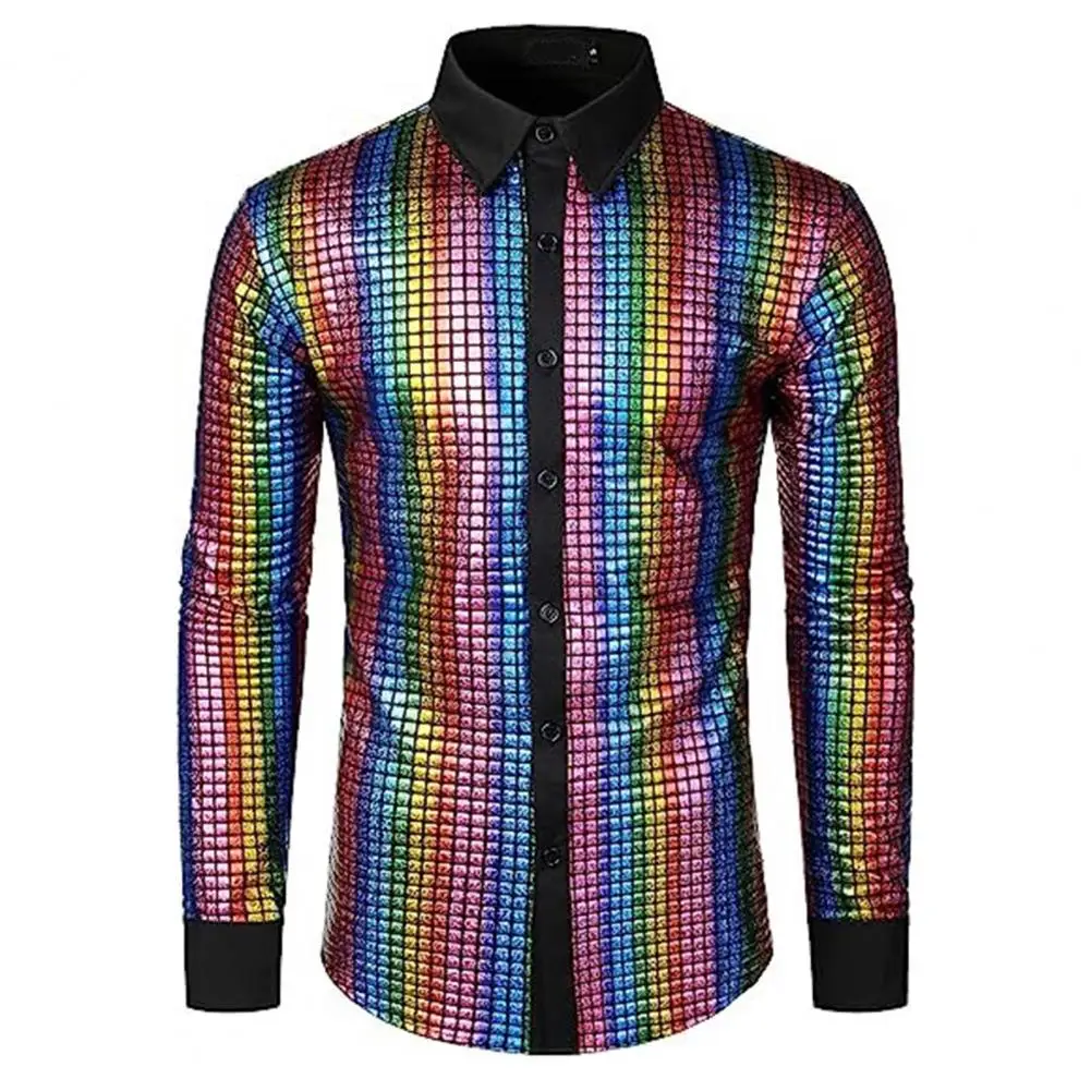 Description Picture 3 of itemMen Sequin Shirt Sequin Stand Collar Men's Shirt for Club Dance Disco Stage Performance Shiny Smooth Vintage Top with Long