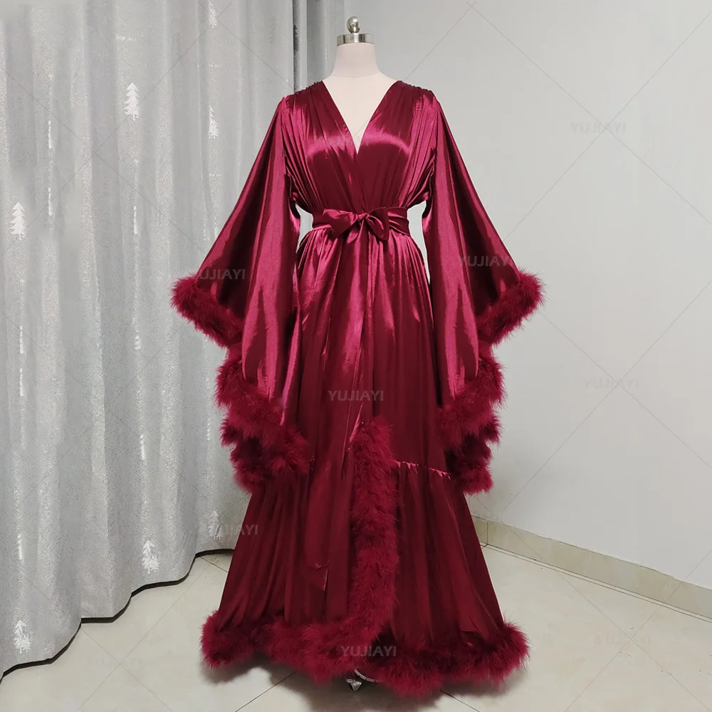 Robe for Women Flare Sleeves Feather Boudoir Bridal Robe Nightgown Silk Satin Long Wedding Party Dressing Gown Photography Dress