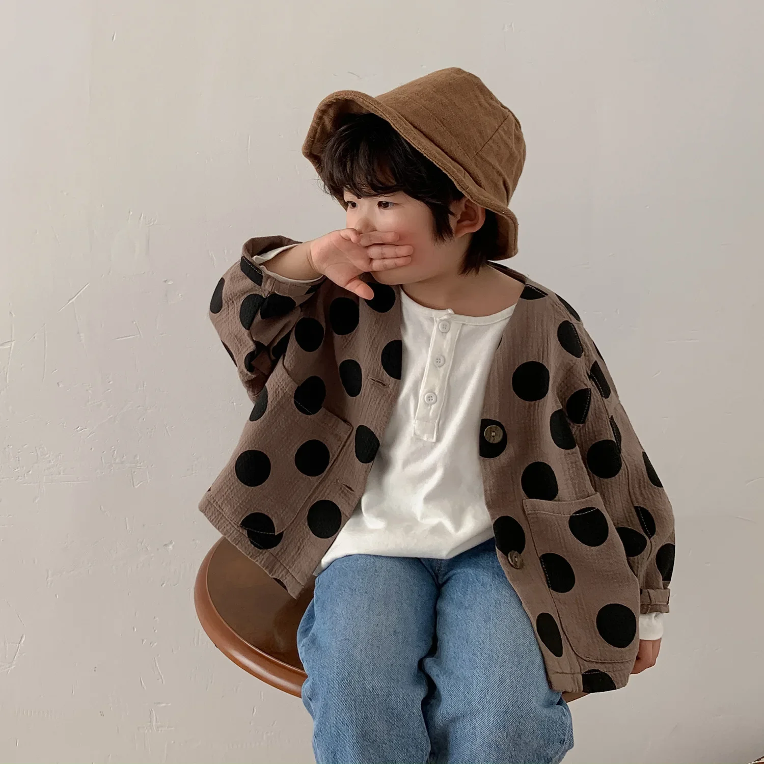 Spring korean style oversized dot long sleeve cardigans Boys casual loose cotton linen jackets coats