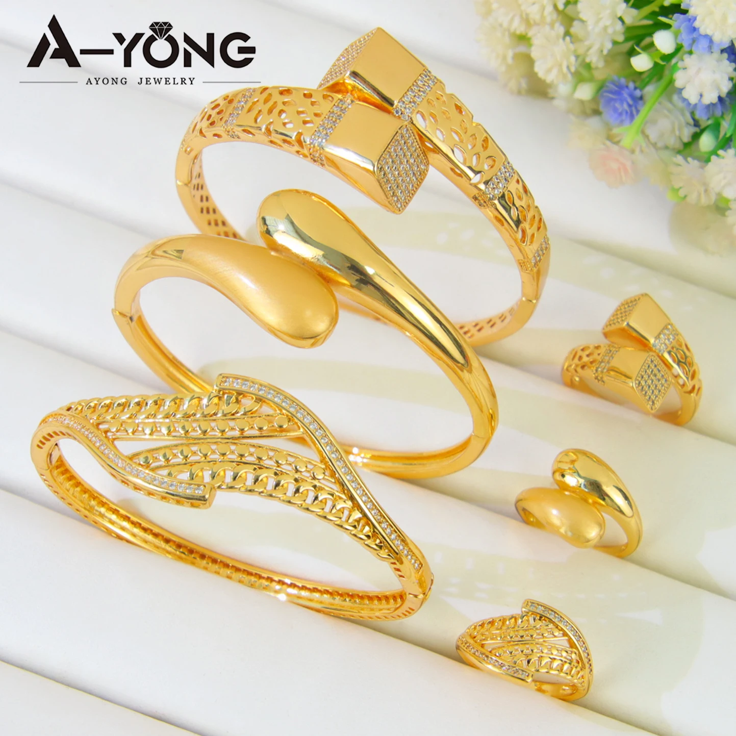 Luxus Oman Hochzeit Armreifen Ring Set 21k vergoldet Zirkonia islamisches Glücksarmband Nigeria Frauen Braut Event Party Schmuck – Detail 1
