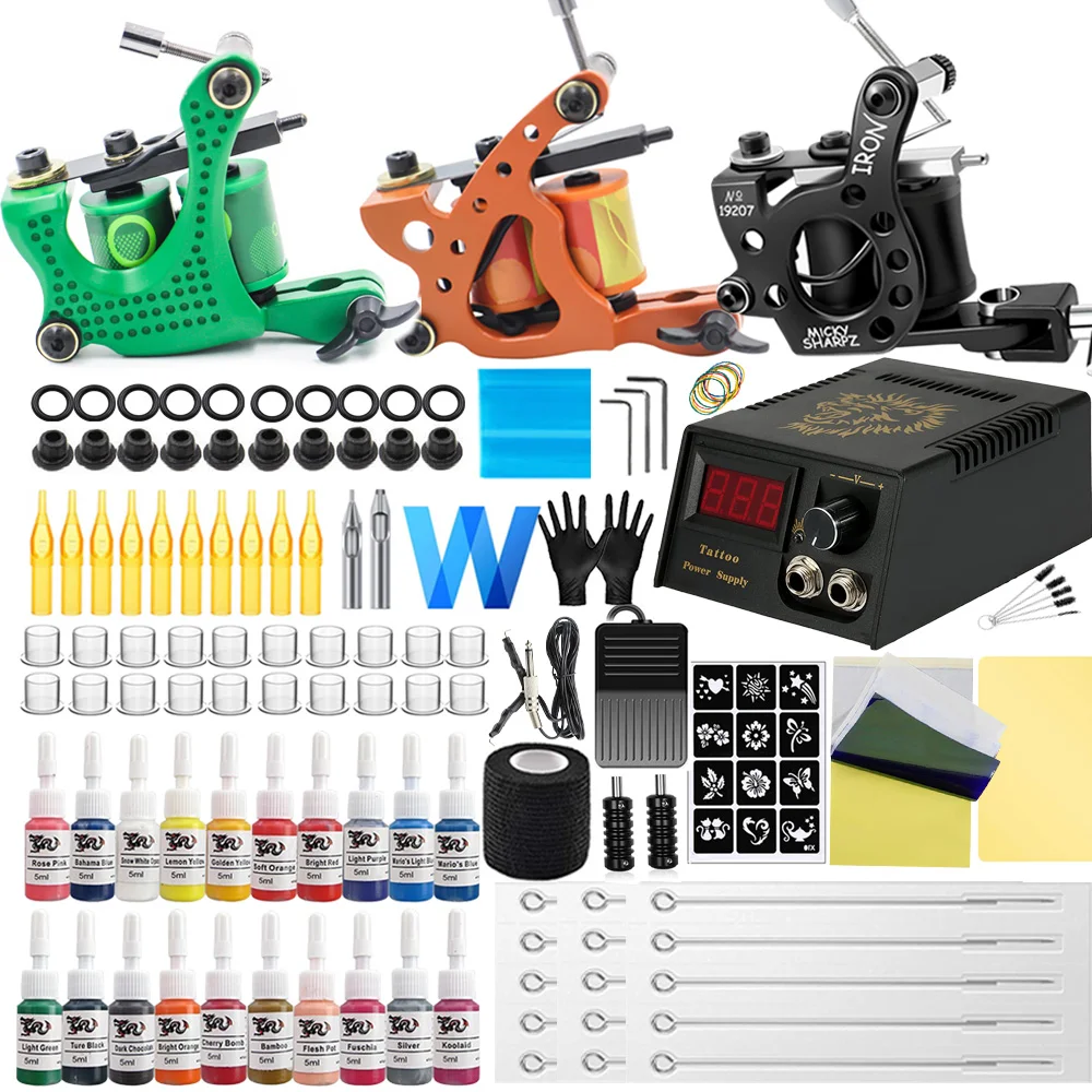 Tattoo Machine Kit Power Supply with Inks Pigment and Tattoo Needles for Liner Shader Machine Beginner Set