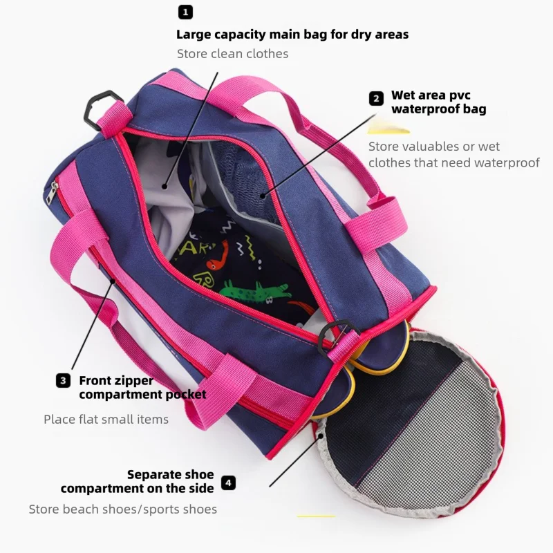 حقيبة تخزين لحمام السباحة للأطفال مقاومة للماء، فصل جاف ورطب، سعة كبيرة، حقيبة لياقة أسطوانية متينة للأطفال، قطار حمام السباحة