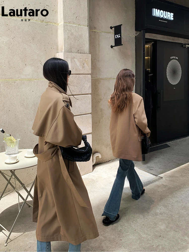 Lautaro Spring Autumn Oversized Khaki Long Grey Trench Coat for Women Double Breasted Loose Casual Korean Fashion Overcoat 2024 6