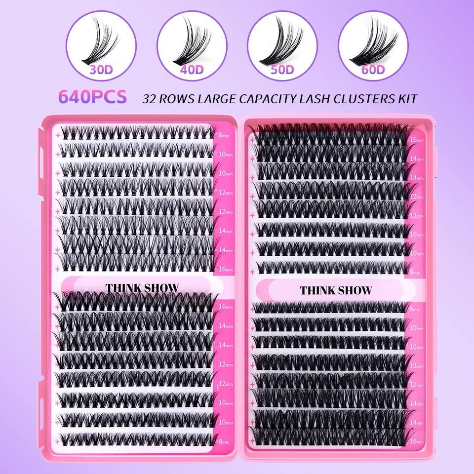 THINKSHOW DIY Lash Clusters Set Mixed Tray Lashes Kit Fluffy Individual Lashes Extension with Lash Bond and Seal At Home Makeup