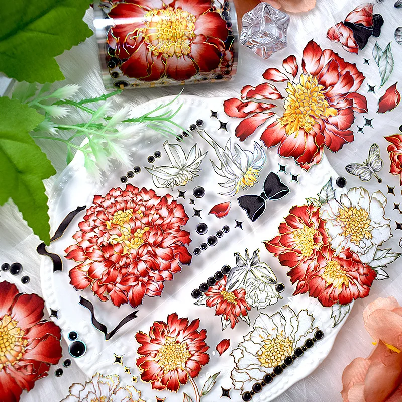 DIY 스크랩북 일기장용 붉은 꽃 테이프, 꽃 와시 마스킹 테이프, 미적 장식 접착 스티커, 롤 당 2m